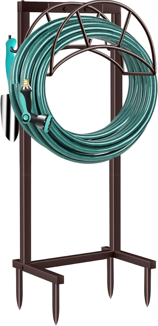 TomCare Garden Hose Holder Upgraded 4 Spikes Water Hose Holder with 2 Tool Hooks Sturdy Hose Reel Holds 150ft Hose Freestanding Hose Stand Hose Hanger Hose Storage for Outside Yard Lawn, Bronze