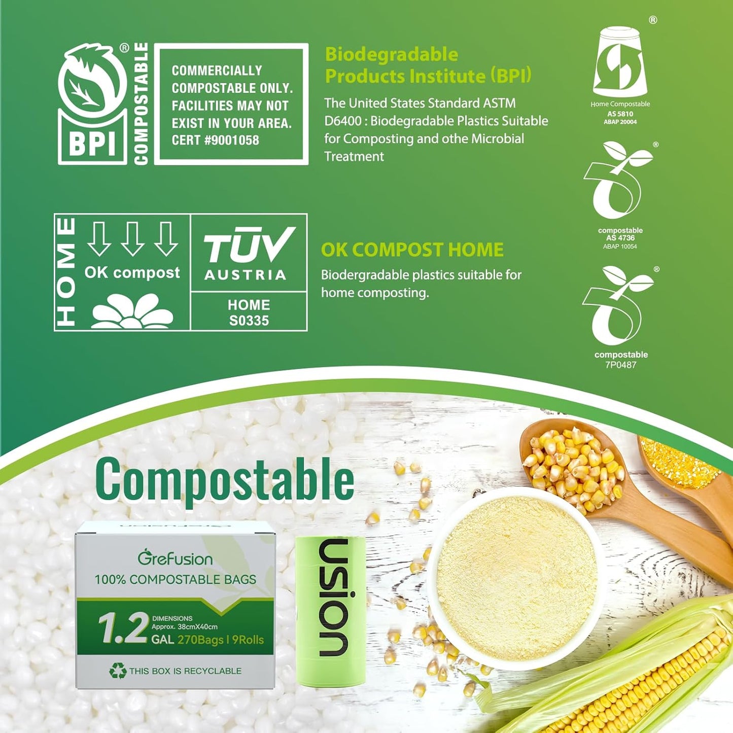 GreFusion Compostable Trash Bags, Small 2.6 Gallon, 270 Count, 0.72 Mils Thick, Eco Friendly, ASTM D6400 & BPI Certified, Composts Food Scraps, No Leaks