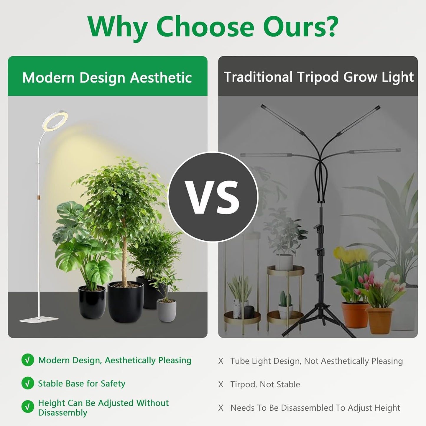 Full Spectrum Grow Light with Stand for Indoor Plants, Floor Plant Light, 6/12/18H Timer, 3 Color Modes, Adjustable Height 16.5–67in, for Large Plants & Home Décor(2 Heads White)