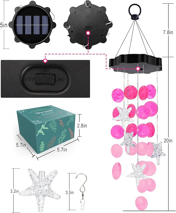Toodour Solar Wind Chimes for Outside, Shells Light Gifts for Mom Grandma Women Wife Girls, Waterproof Solar Outdoor Decorative Mobile Light for Holiday Garden Porch Yard Outdoor Decor (Pink)
