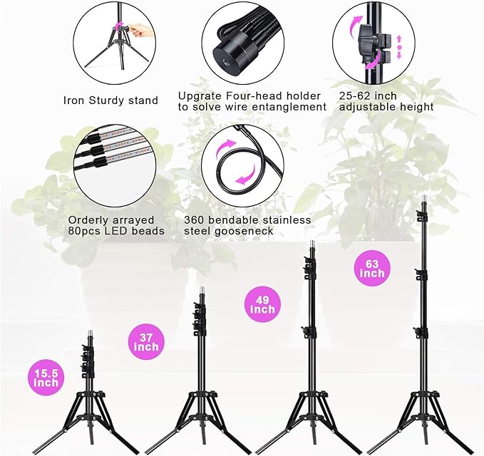 Grow Lights with Stand,4 Goosenecks Floor Plant Light for Indoor Plants,10 Dimmable Levels & Auto On/Off Timer (3/9/12H Timer), Tripod Stand Plant Lamp Height Adjustable,Red and Blue Light.