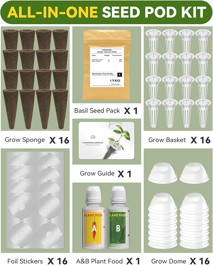 Hydroponics Seed Pod with Genovese Basil & Purple Basil, 16 Pods Complete Kit with Sponge, Basket, Dome, Label, Compatible with AeroGarden, Ahopegarden, GARDENCUBE, iDoo & MUFGA Indoor Smart Gardens