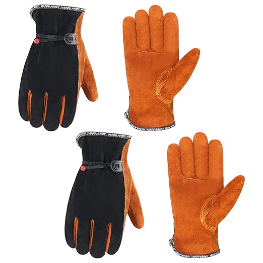 HLDD HANDLANDY 2 Pairs Leather Work Gloves for Men & Women – Cowhide Gardening Gloves, Thorn Proof, Cotton Lined, for Tig/Mig Welding, Construction, Chainsaw, Farm, Landscaping