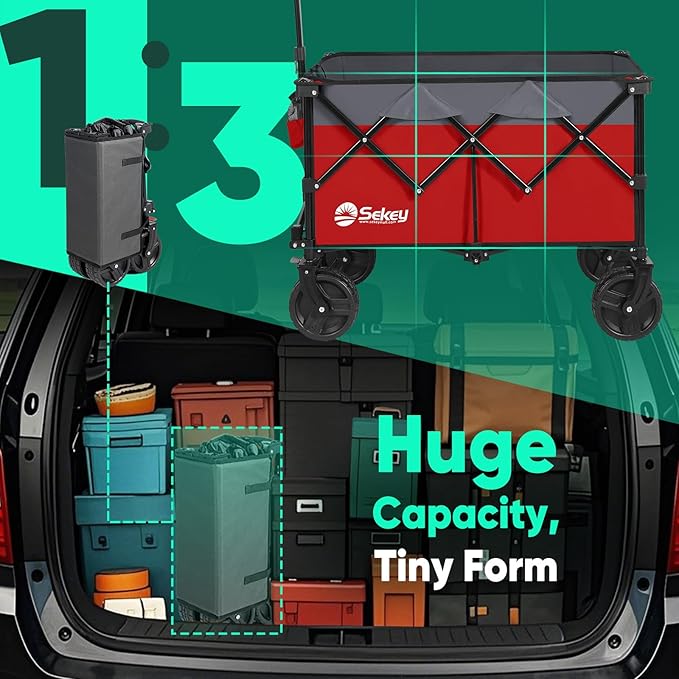 Sekey 220L Collapsible Foldable Wagon with 330lbs Weight Capacity, Heavy Duty Folding Utility Garden Cart with Big All-Terrain Beach Wheels & Drink Holders.Red&Grey