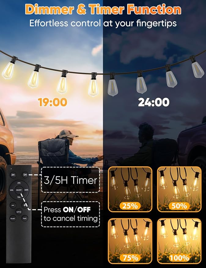 Brightever 180FT LED Outdoor String Lights, Dimmable Patio Lights with Remote Control, 56 Shatterproof ST38 Edison Bulbs, 3 Lighting Modes, 3H/5H Timer, Outdoor Hanging Light for Pool,Fence, Garden