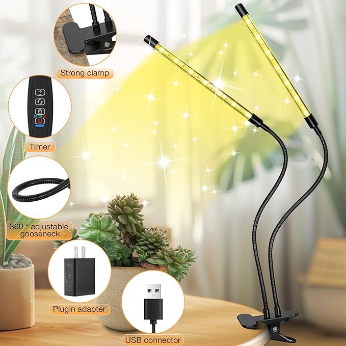 LED Grow Lights (2 Packs), 2 Heads Full Spectrum Plant Light with Clamp for Indoor Plants & Seed Starting, 10-Level Dimmable, Auto On Off, Timing 4 6 12Hrs