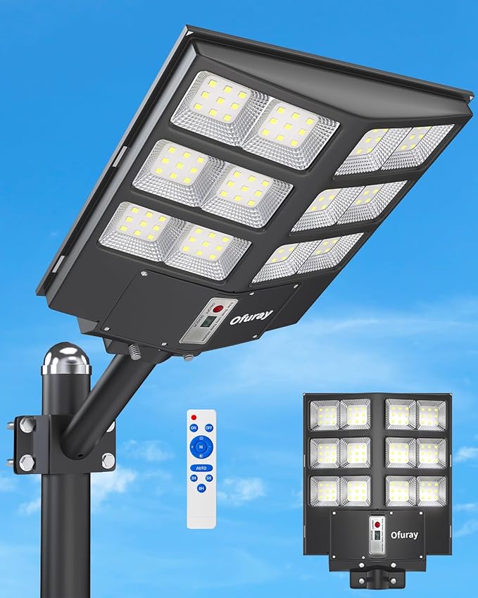 Ofuray Of-800W Solar Street Lights Outdoor, 80000LM Solar Security Flood Lights Parking Lot Lights Dusk to Dawn, 6500k Waterproof Led with Remote Control Motion for Street,Court,Barn