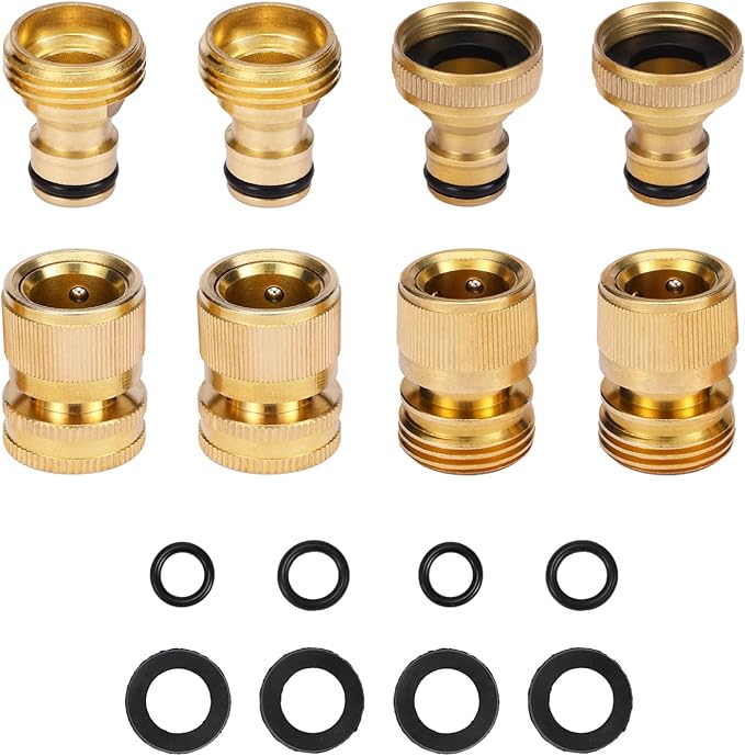 Garden Hose Quick Connect Solid Brass Garden Hose Connector Water Hose Connectors Easy Connect Fittings Standard 3/4 inch GHT, 4 Complete Sets female & Male, Free Washers & Gaskets