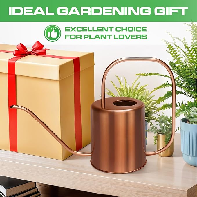 Plexon Rose Gold Metal Watering Can Indoor Plants, 54 oz Stainless Steel Long Spout Watering Can Outdoor House Plant Flower, Garden