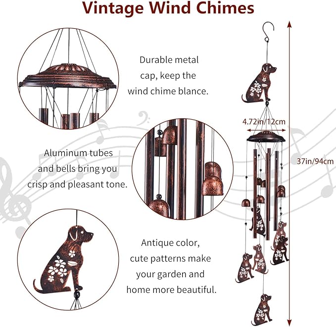 Dog Wind Chimes for Outside, Metal Windchimes Outdoors Clearance with 4 Aluminum Tubes, Garden Patio Yard Home Decor, Dog Gifts for Pet Lovers Women Men Mom Grandma, Unique Festival Birthday Gift