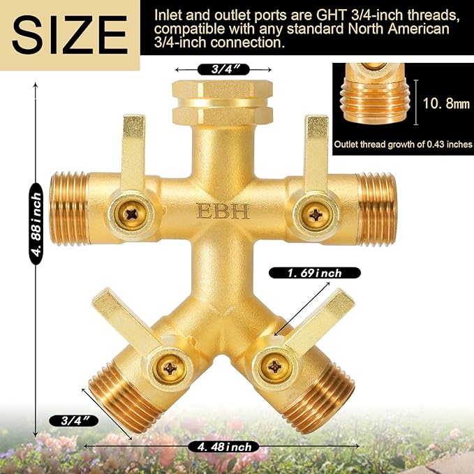 EBH Brass Garden Hose Splitter Full Flow, Outdoor Faucet Heavy Duty Hose Splitter 4 Way High Flow, 3/4-Inch Multi-Angle Spout with 4 Individual On/Off Valve and Extended Handle