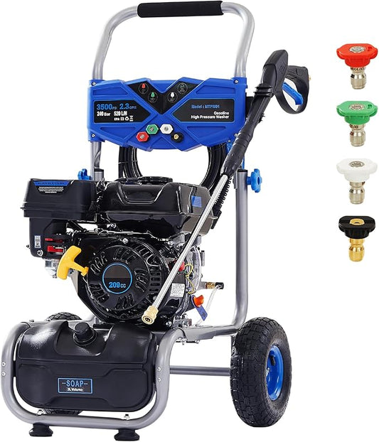 Gas Pressure Washer 3500 PSI, 2.3 GPM Heavy Duty High Power Washer,209CC 7HP Engine with 25Ft Pressure Hose, Axial Aluminum Pump, Soap Tank, 4 Quick Connect Nozzle (Blue)