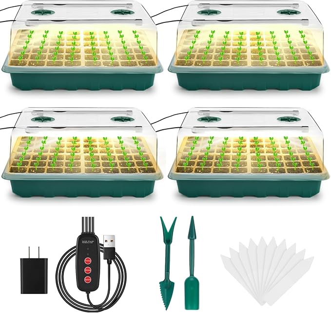 Seed Starter Tray with Grow Light, 192-Cell Seed Starter Kit, Seedling Starter Trays with Humidity Domes, Automatic Timer, Adjustable Light Indoor Gardening Plant Germination Trays