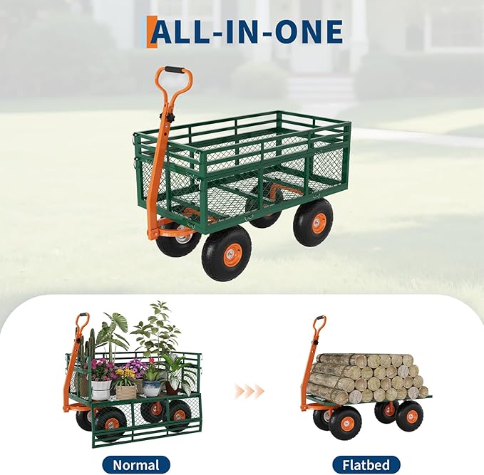 Versatile Garden Cart for Lawn and Yard with Heavy Duty Steel, 1400 Lbs Capacity Mesh Steel Garden Cart Folding Utility Wagon with Removable Side Panels, Long Handle, 10" Tires - Green and Orange
