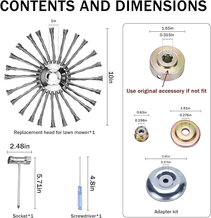 Steel Wire Grass Trimmer Head, Indestructible Weed Eater Head, for High-Power Lithium-Ion and Gasoline Weed Cutters, with Adapter, Wire Weed Trimmer Head for Moss Grass Rust Removal(High Power 10In A)