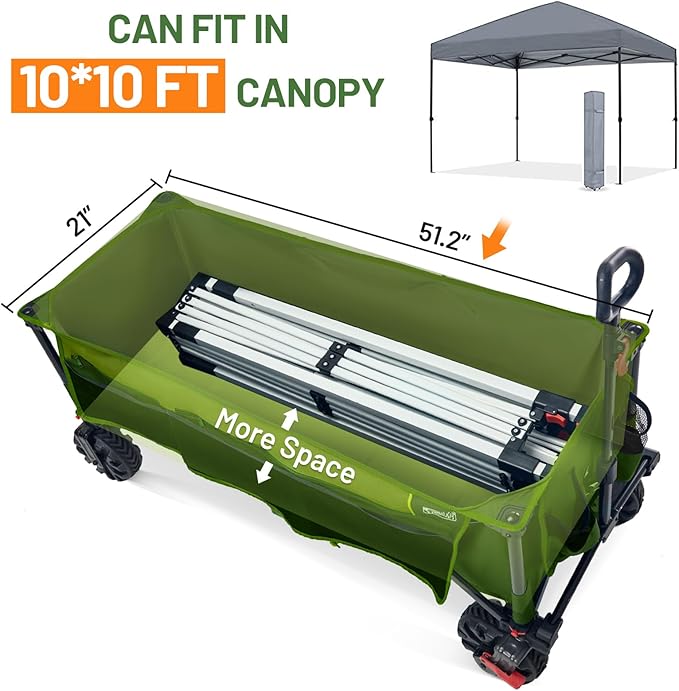 Timber Ridge 51.2'' Extended Collapsible Wagon Cart with Brakes and Cargo Net, Heavy Duty Foldable Utility Wagon with Adjustable Handle, 400L Capacity Portable Cart for Camping Sports Shopping