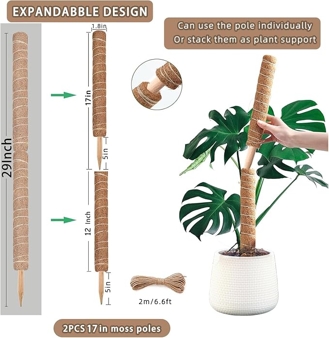 Moss Pole, 2 Pack 17 Inch Monstera Plant Support for Climbing Plants Accessories Indoor, Stackable Moss Poles Plant Support Stakes, Coir Plant Pole Sticks for Potted Plants, Pothos, Philodendron