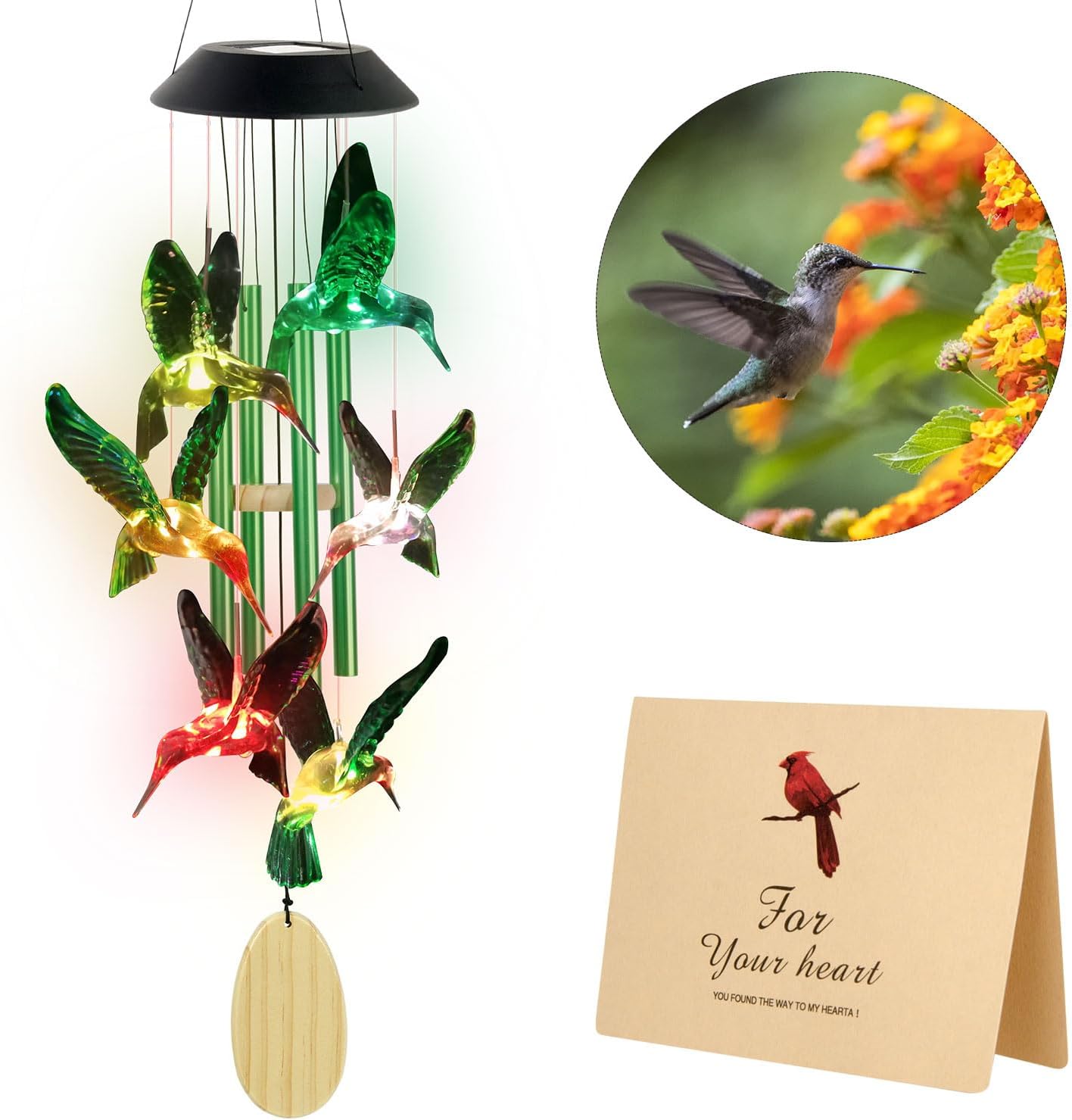 Hummingbird Solar Wind Chimes Outdoor, Father Gift, Birthday Gifts for Mother,Husband,Stepdad,Women,Grandma,Daughter,Aunt,Friend,Wife,Sister. dad and mom Gardening Gifts, Yard Decor