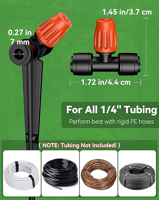 Pawfly 30 Pcs Push-to-Fit Drip Irrigation Spray Emitters for 1/4 Inch Tubing, Tee Misting Atomizing Nozzles Micro Sprayers with Adjustable 360 Degree Water Flow, Irrigation Drippers with End Plugs