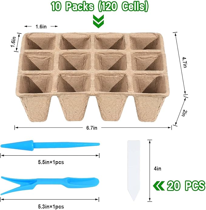 10 Packs Seedling Starter Trays, 120 Cells Biodegradable Seed Starter Plant Pots,Seed Germination Starter Tray Kit with 20 Labels, 2 Transplant Tools