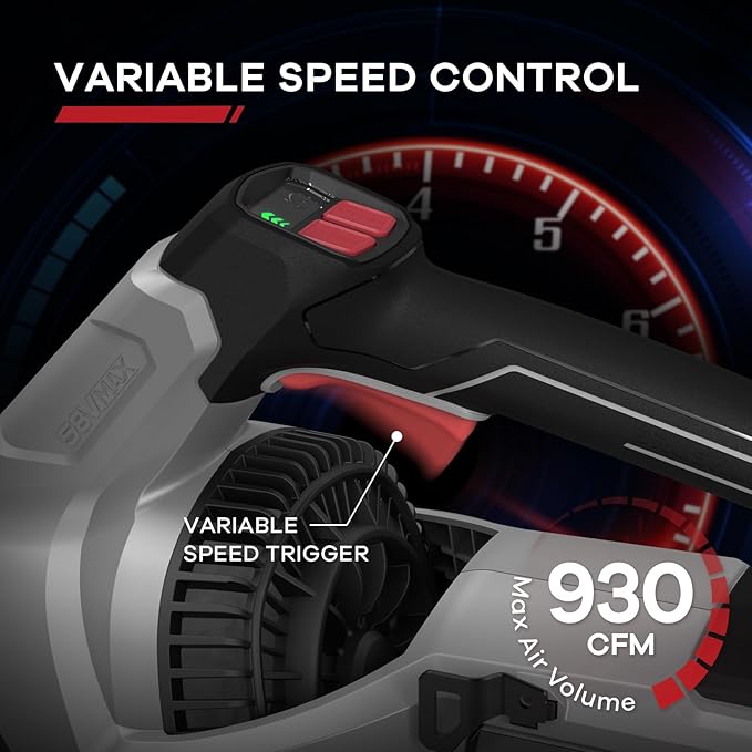58V 930CFM Max Leaf Blower Cordless, Brushless Motor, Cruise Control, Turbo Variable-Speeds, CoolBlast Tech, 5.0AH Battery and Charger Included