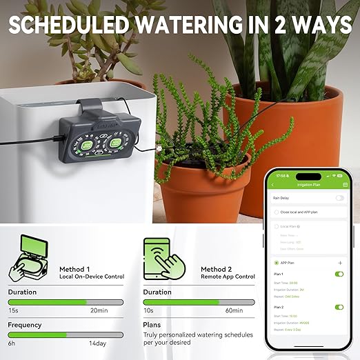 RAINPOINT Smart Automatic Watering System for 15 Potted Plants,Dual Powered, Local Control & Remote WiFi/App Control, Solar Drip Irrigation Kit for Indoor Houseplants,Low Water Auto-Shutoff