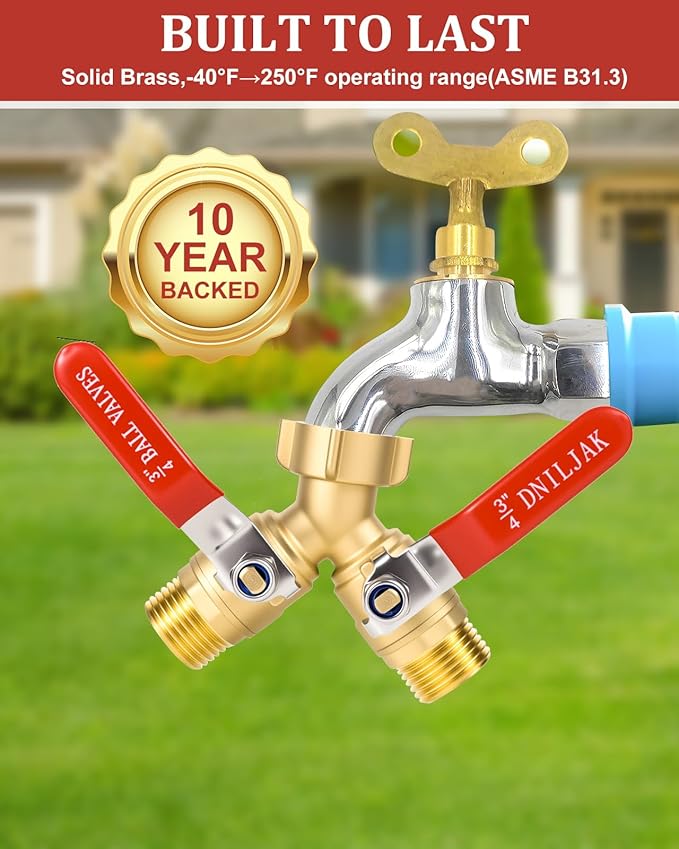 Garden Hose Splitter Way Heavy Duty, Brass Water Hose Splitter With 304 Stainless Steel Long Handle, 3/4 Inch GHT Thread Hose Y Splitter With Shutoff Hose Splitter Adapter (Include Teflon Tape)