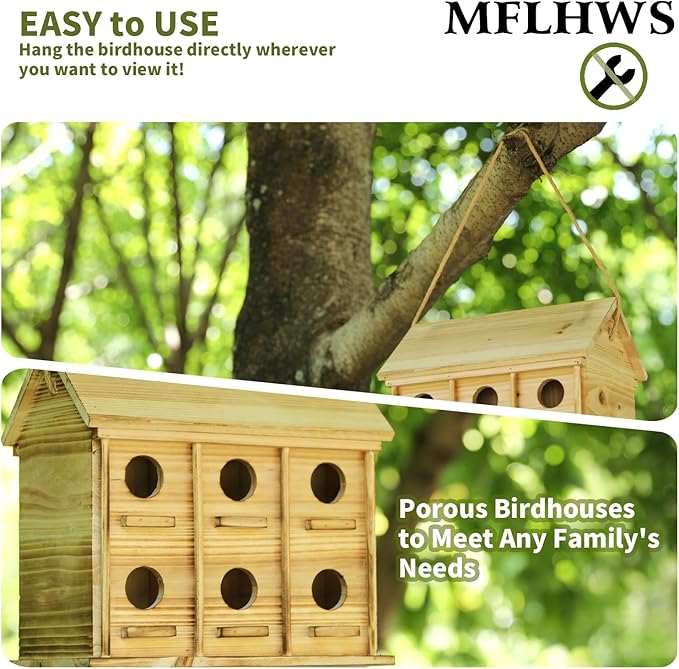 Bird Houses for Outside - Large Bird House for 12 Bird Families Outdoor Bird House for Bluebird Finch Cardinals Bird Houses for Outdoor Hanging Birdhouse for Garden (Wood, Set of 1)