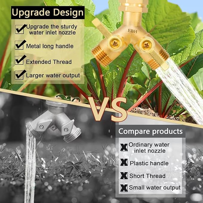 EBH Garden Hose Splitter 2 Way Full Flow, Y Valve High Flow Brass Hose Diverter, Metal Long Handle With Shutoff, GHT 3/4-Inch Heavy Duty Hex Female Inlet and 3/4-Inch Male Outlet