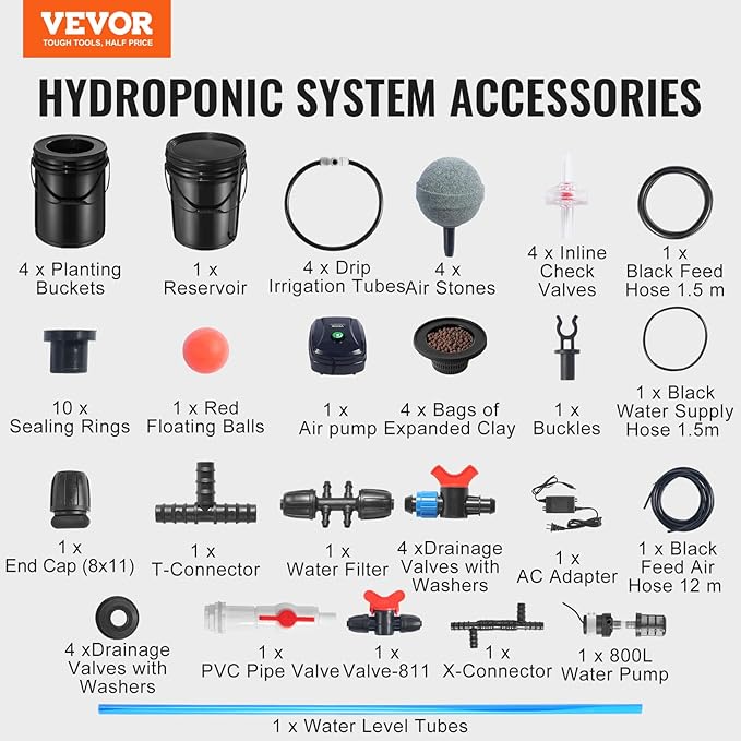 VEVOR RDWC Hydroponics Grow System, Hydroponic Growing Kit with Top Drip, Recirculating Deep Water Culture 4 Buckles and 1 Reservoir, with Air Pump and Water Level Device for Leafy Vegetables