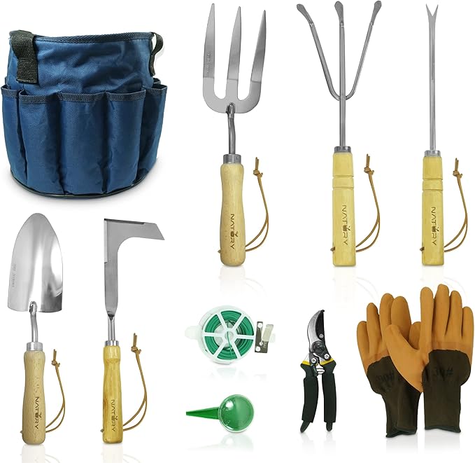 Garden Tools Set โ Premium Stainless Steel Gardening Hand Tools with Solid Beechwood Handle โ Gardening Kit with Rake, Shovel, Gloves, Shears, Tool Organizer โ Garden Gifts for Women and Men