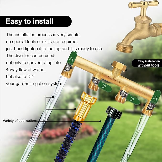 Garden Hose Splitter, 3/4” Rust and Freeze Resistant Outdoor Hose Manifold with 4 green Extra Long Handles Faucet Adapter-Heavy Duty Brass 4-Way Valve