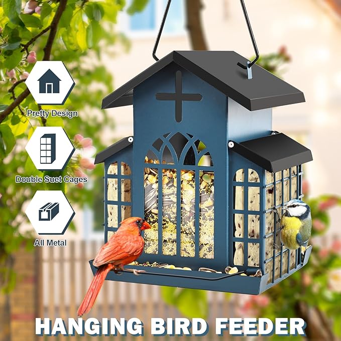 5LB Church Metal Hanging Bird Feeder for Outdoors, Weatherproof Suet Feeders for Outside Hanging, Large Bird Feeders Great for Attracting Finch, Woodpecker and More Wild Birds-White