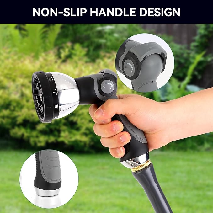 Garden Water Hose Nozzle Metal Heavy Duty Sprayer Thumb Control with 10 Spray Modes Suitable for Watering Plants, Iawn and Garden, Car Washing, Cleaning, Showering Pets and Outdoor Fun, Gray