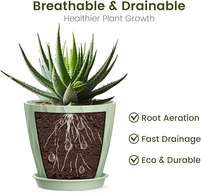 12 Pack 4 Inch Small Plant Pots with Saucers, Waffle Texture Plastic Planters with Drainage Holes for Indoor and Outdoor Plants, Flowers, Herbs, Succulents, and Seedlings, Green