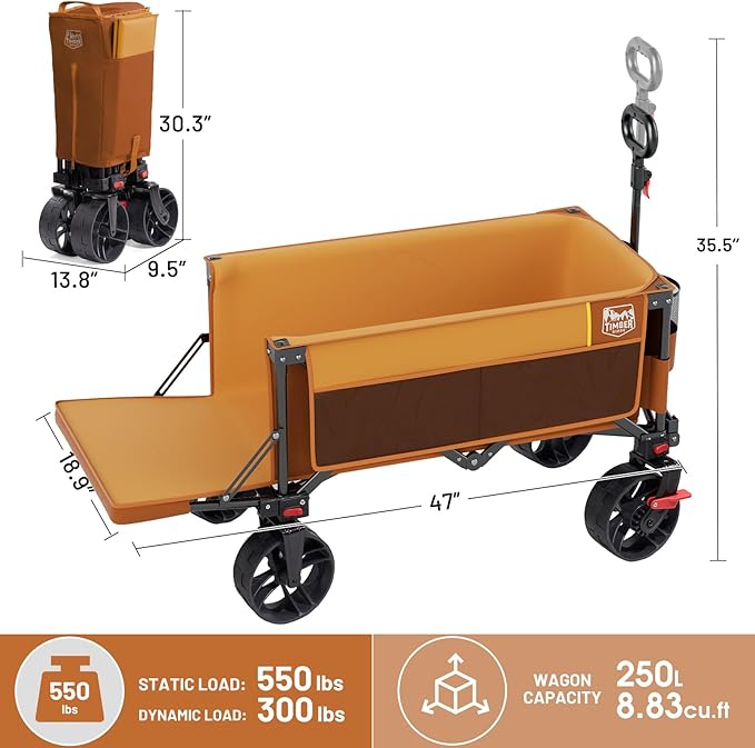 Timber Ridge 47" L Collapsible Wagon with Tailgate & Brake, 300lbs Heavy Duty Beach Wagon with All-Terrain Big Wheels, 250L Foldable Utility Cart for Sand Camping Sports Shopping, Orange