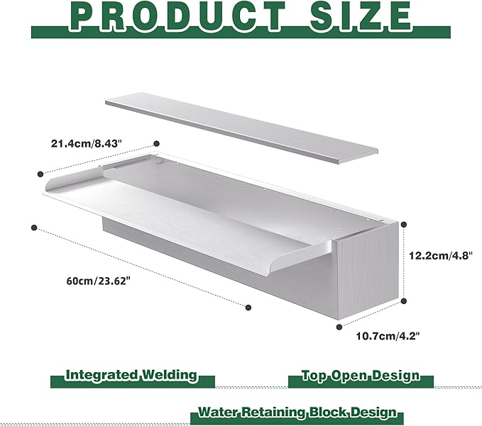 Waterfall Pool Fountain LONGRUNNEW 304 Stainless Steel 23.6" Rectangular Waterfall Spillway, Water Fall Fountain with Pipe Connector for Garden Outdoor, Swimming Pools, Fountains, Pond and Spa