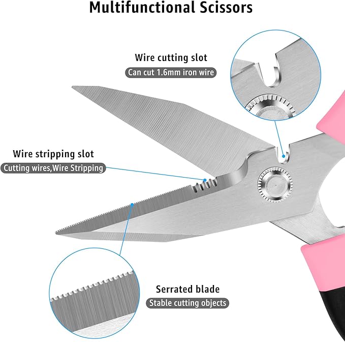 8-Inch Heavy Duty Utility Scissors All Purpose, Serrated Blade, Pink Comfort Grip for Cutting Carpet, Cardboard, Leather, Fabric, Multipurpose Sharp Shears for Kitchen, Garden, Office, Carft