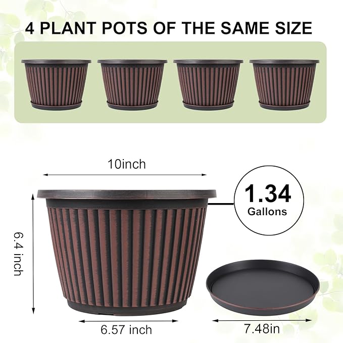 Planter-Pots-for-Plants-Indoor-Outdoor, 4 Pack 10 Inch Plastic Flower Pots with Saucer & Drainage Holes, Modern Garden Planters for Planting Medium Large Plants,Decorative Resin Garden Pots