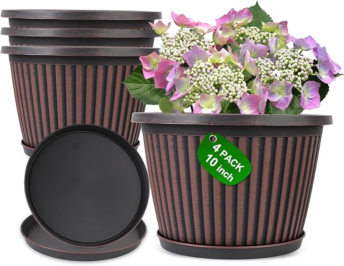 Planter-Pots-for-Plants-Indoor-Outdoor, 4 Pack 10 Inch Plastic Flower Pots with Saucer & Drainage Holes, Modern Garden Planters for Planting Medium Large Plants,Decorative Resin Garden Pots