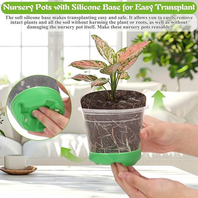 Caffox 45PCS Reusable Seed Starter Kit Includes 20 Packs 5" Clear Nursery Pots with Silicone Base, Repotting Mat, Gardening Gloves, Plant Labels and Seedling Tools for Easy Transplant