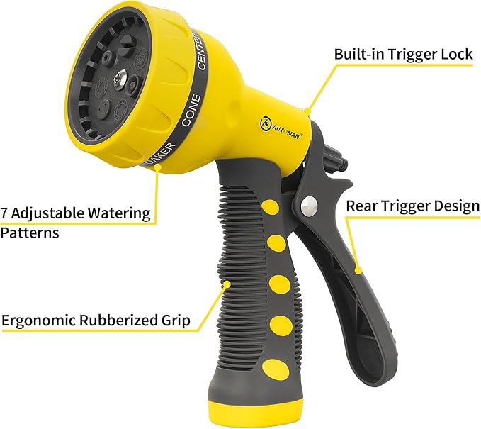 AUTOMAN-Garden-Hose-Nozzle,ABS Water Spray Nozzle with Heavy Duty 7 Adjustable Watering Patterns,Slip Resistant for Watering Plants,Lawn& Garden,Washing Cars,Cleaning,Showering Pets - Yellow