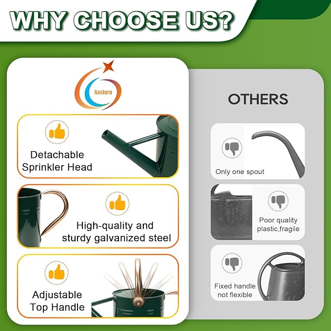 Metal Watering Can with Removable Spout, Galvanized Watering Can, Perfect for Indoor Use and for Outdoor Use (1 Gallaon, Green)