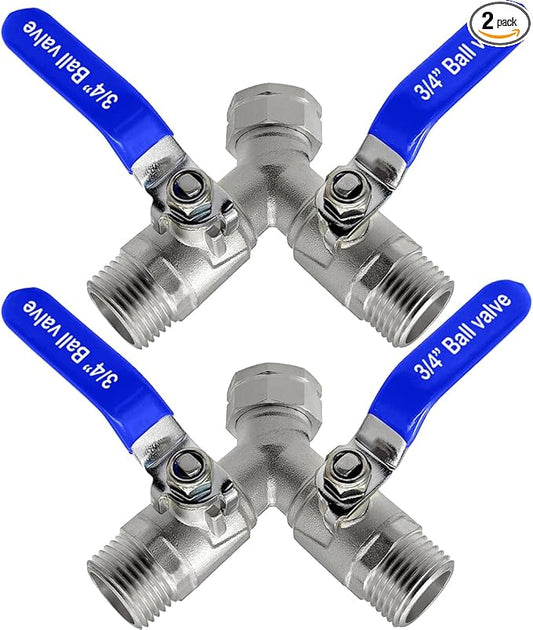 Beduan 304 Stainless Steel Hose Splitter 2 Way Y Garden Hose Bib Splitter with Long Handle Water Hose Ball Shut Off Valve 3/4 GHT Threaded(Pack of 2)