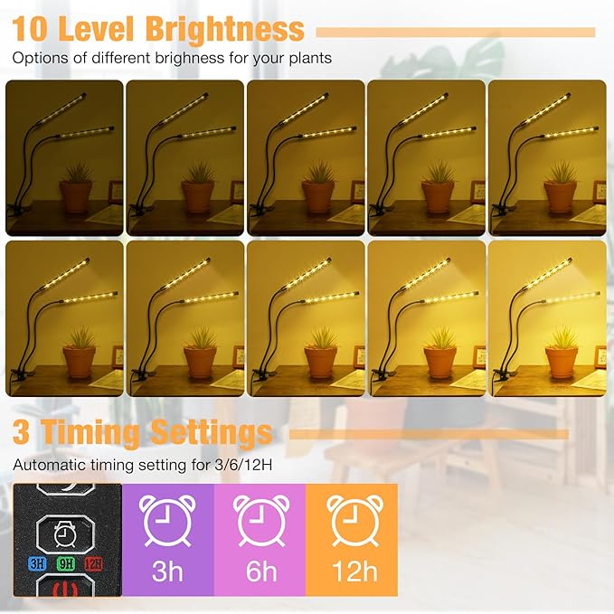 LED Grow Lights (2 Packs), 2 Heads Full Spectrum Plant Light with Clamp for Indoor Plants & Seed Starting, 10-Level Dimmable, Auto On Off, Timing 4 6 12Hrs