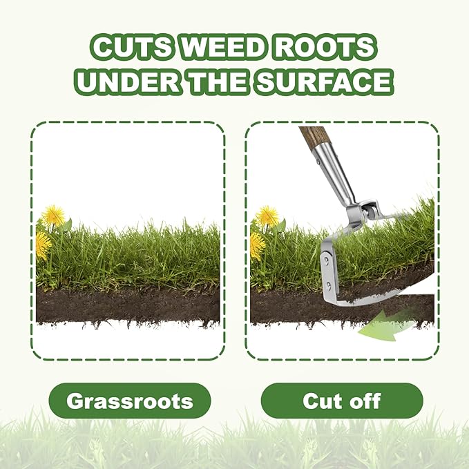 Haliaeetus Hula Hoe, 58'' Stainless Steel Stirrup Hoe, Action Hoe for Weeding in Push-Pull Motion, Scuffle Hoe with Comfortable Wood Long Handle for Standing to Weed on Flower Bed and Between Plants