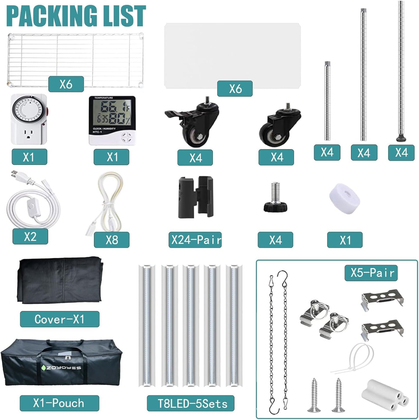 Plant Shelf Greenhouse with Grow Light, 6-Tiered Plant Stand with 5 Sets T8 Grow Lights and Cover, Thermometer, Timer, for Seedling Cultivation Reproduction Flowering, 30" L x 14" W x 72" H