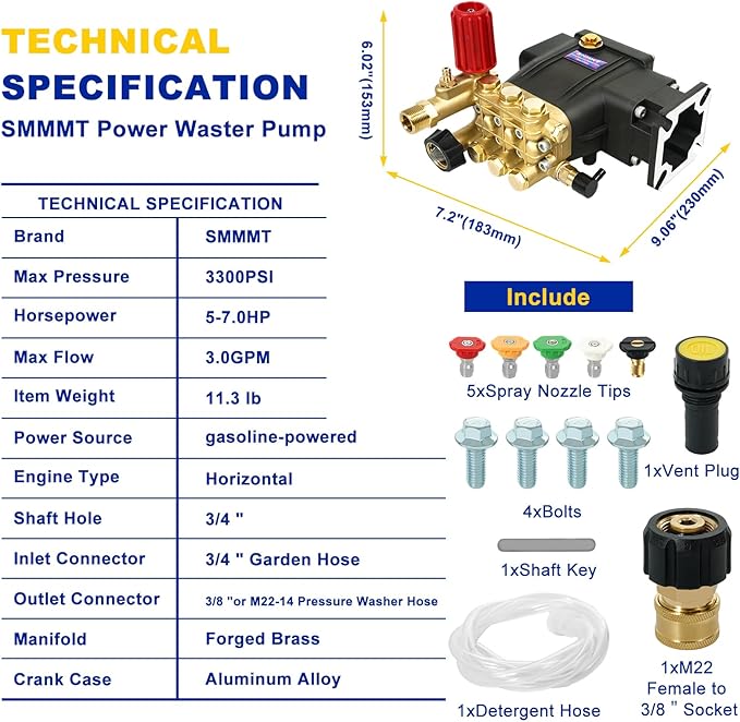 Pressure Washer Pump, 3/4" Shaft Horizontal Triplex Plunger, 3300 PSI, 3GPM, Replacement Power Washer Pumps Kit with 5 Nozzles