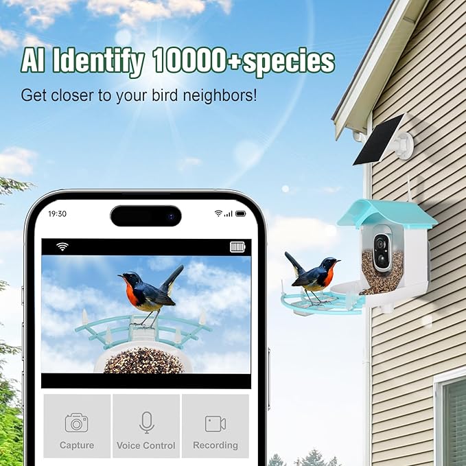Bird Feeder with Camera, AI Identify Birds Species Solar Powered, Auto Record Videos in Backyard, Instant Notifications, Ideal Gift for Family and Bird Lovers