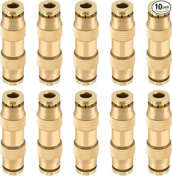 1/8" Quick Push to Connect Fittings Brass Union Straight Joint DOT Approved 1/8 inch tube OD Air Line Adapter Air Spring Suspension Kit for Car Truck Trailers and Air Brake System 10pcs